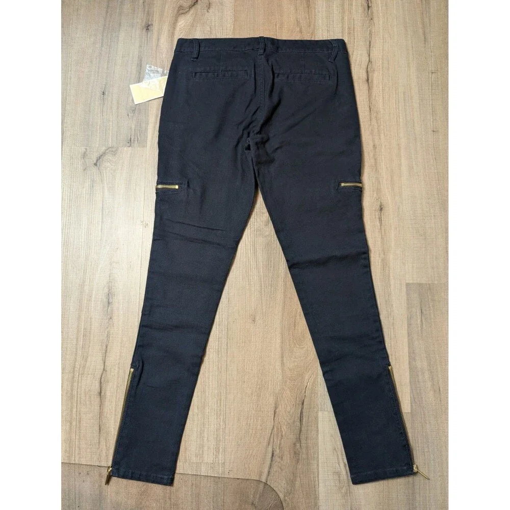 NWT Michael Kors Size 2 Moto Pants Navy Blue Gold Zippers Stretch Designer Chic
